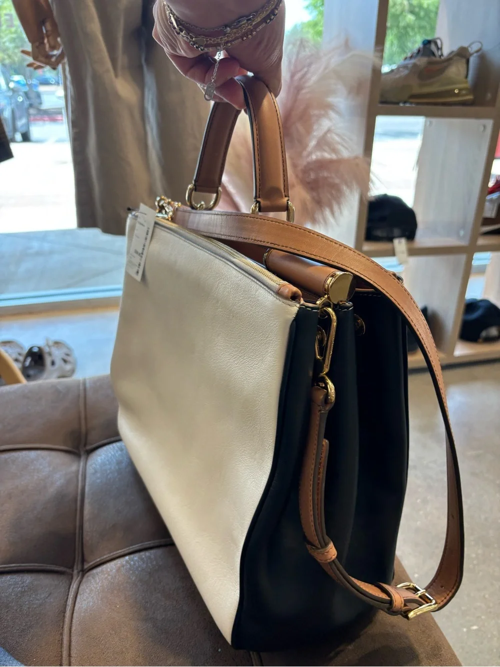Dolce & Gabbana Two-Tone Leather Satchel in Cream, Black & Tan